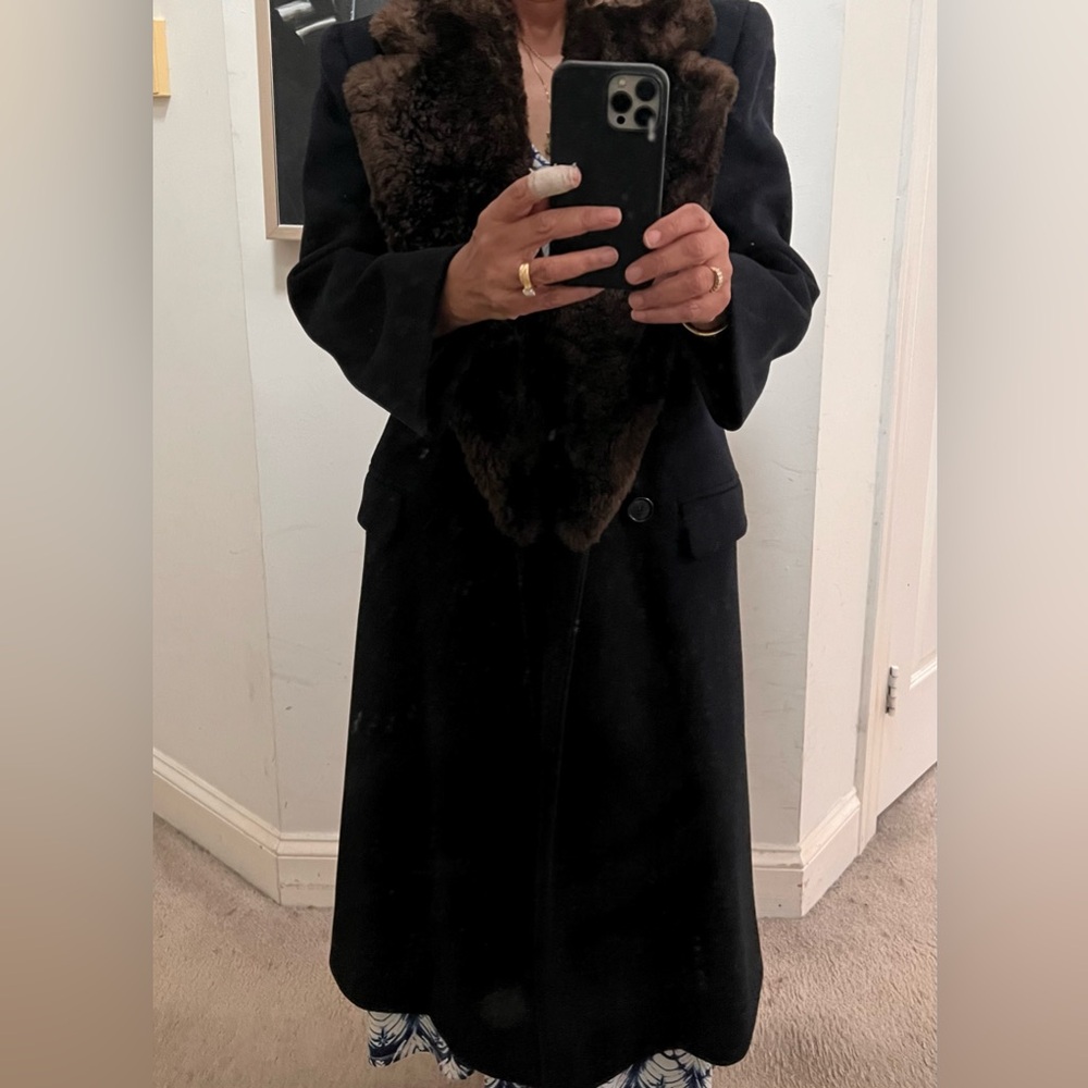 Perry Ellis Navy Blue Trench Coat with Fur Collar